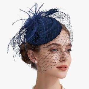 Navy Feather Fascinator Hat with Veil